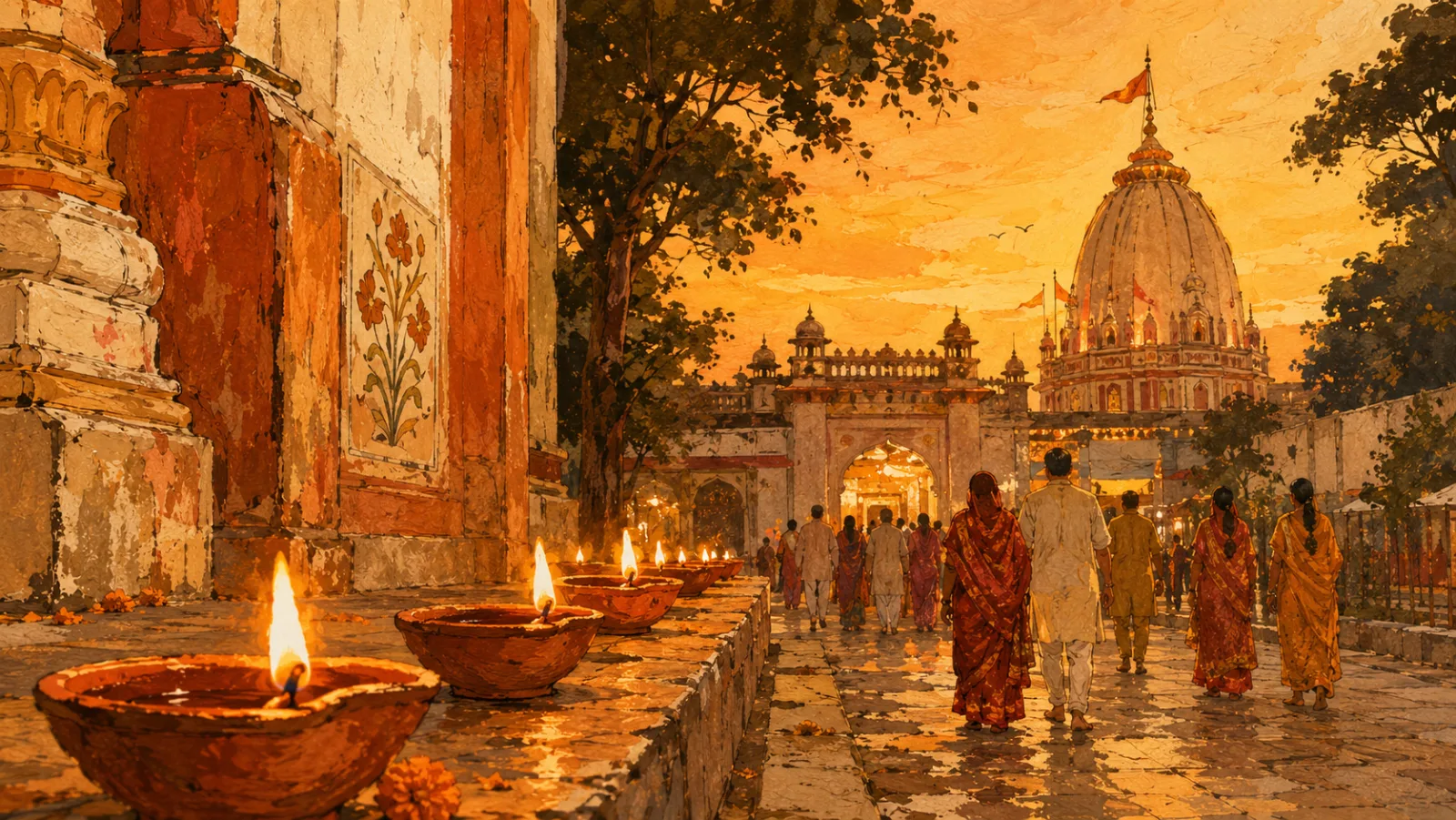 A painterly view of the Aliganj Hanuman Mandir courtyard at dusk in summer, with devotees walking toward the arched gateway and clay diyas glowing on the temple steps.