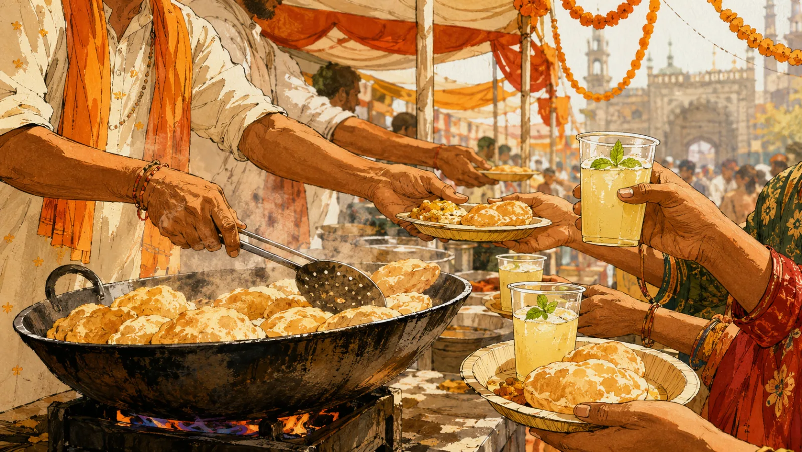 A long row of saffron and white bhandara canopies on a Lucknow street, hands of volunteers passing plates and cups of sharbat, marigold strings overhead, painterly summer light.